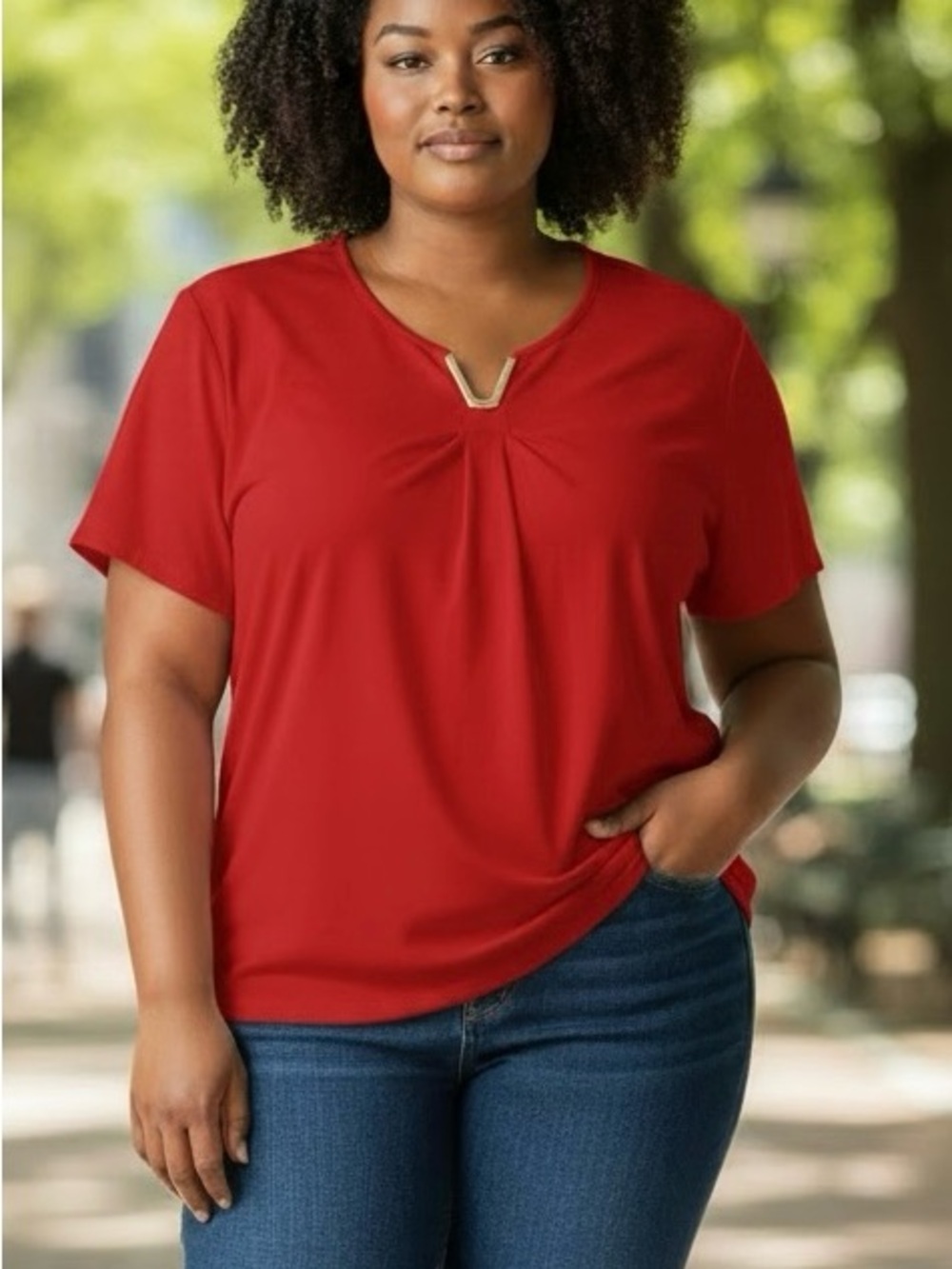 LYNN RYAN Women’s plus size 1X Red Short-Sleeve V-Neck Blouse with Gold Accent